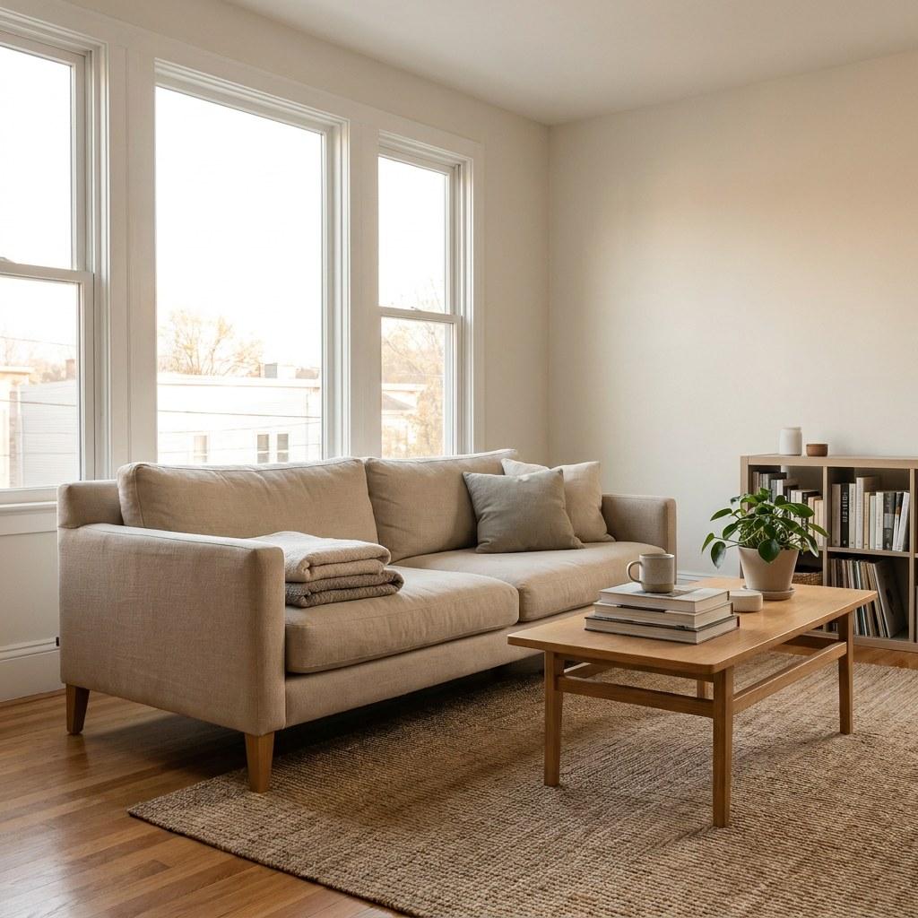 A well-organized and calm living room representing stress-free homeownership
