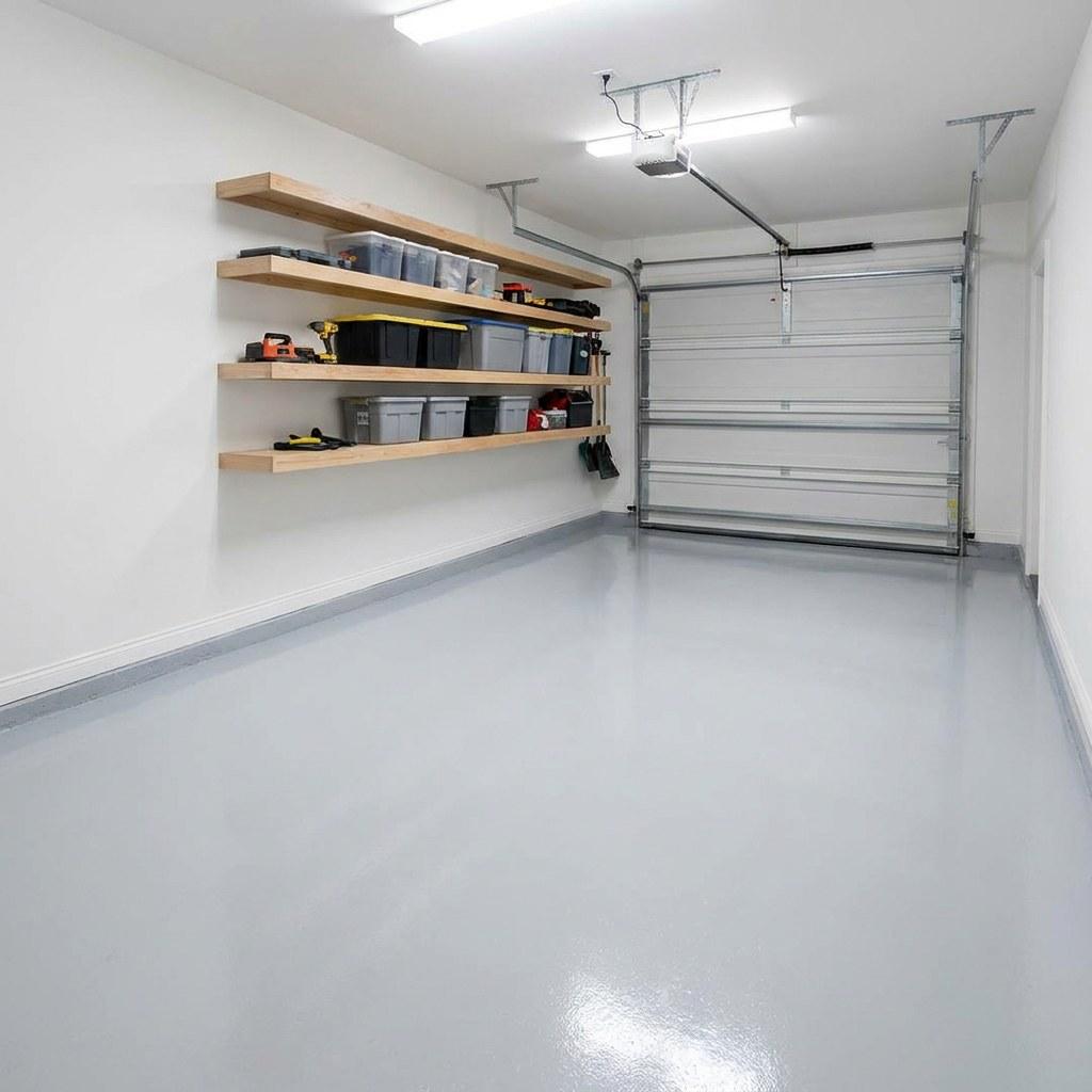 A finished garage with sealed floors and wall storage