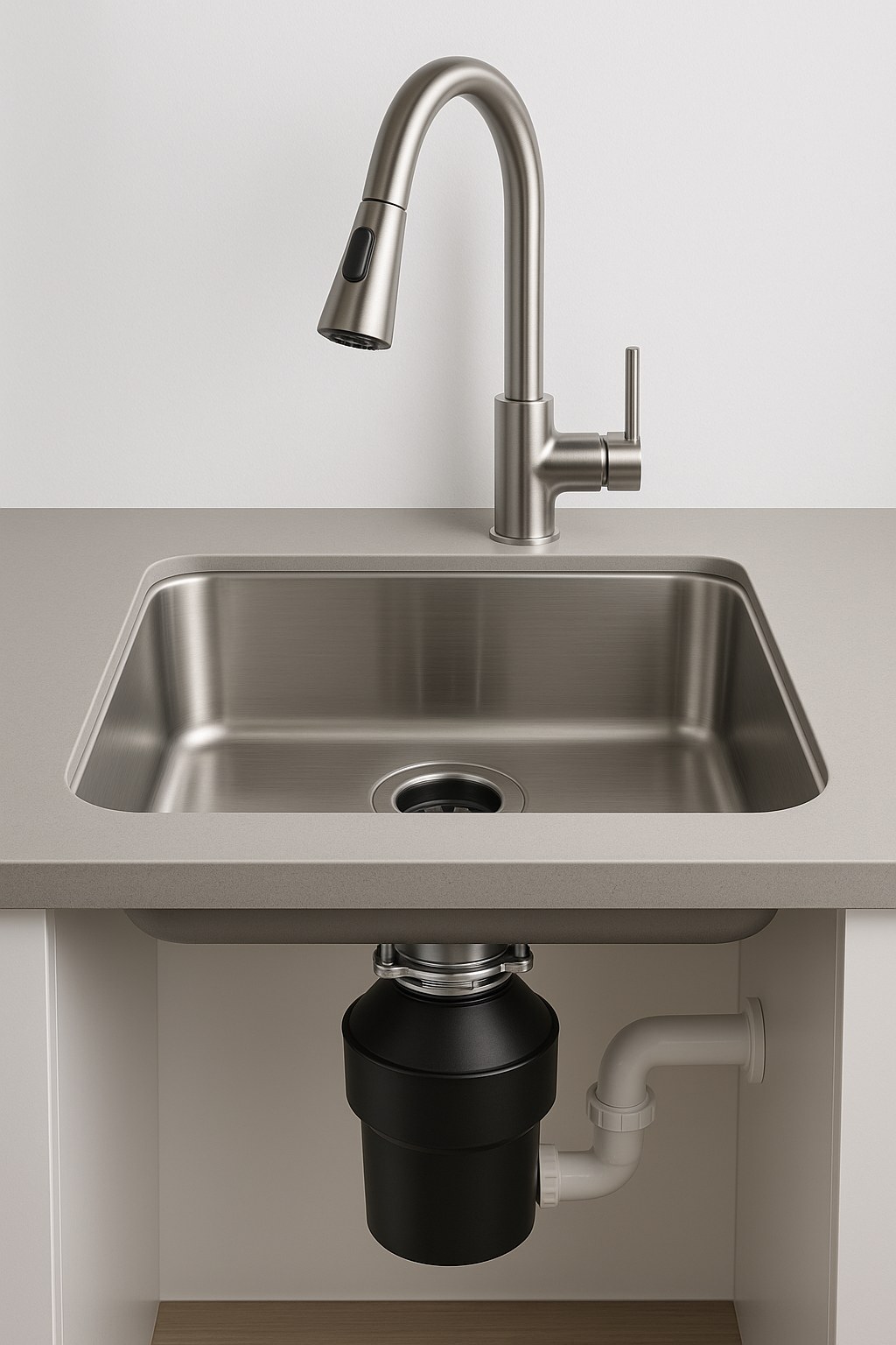 A clean kitchen sink, implying the garbage disposal is no longer smelly.