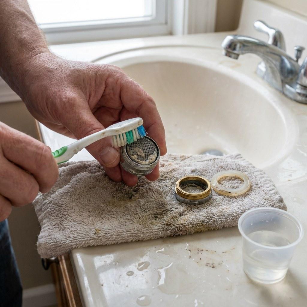 A homeowner cleaning a disassembled faucet aerator at a bathroom sink