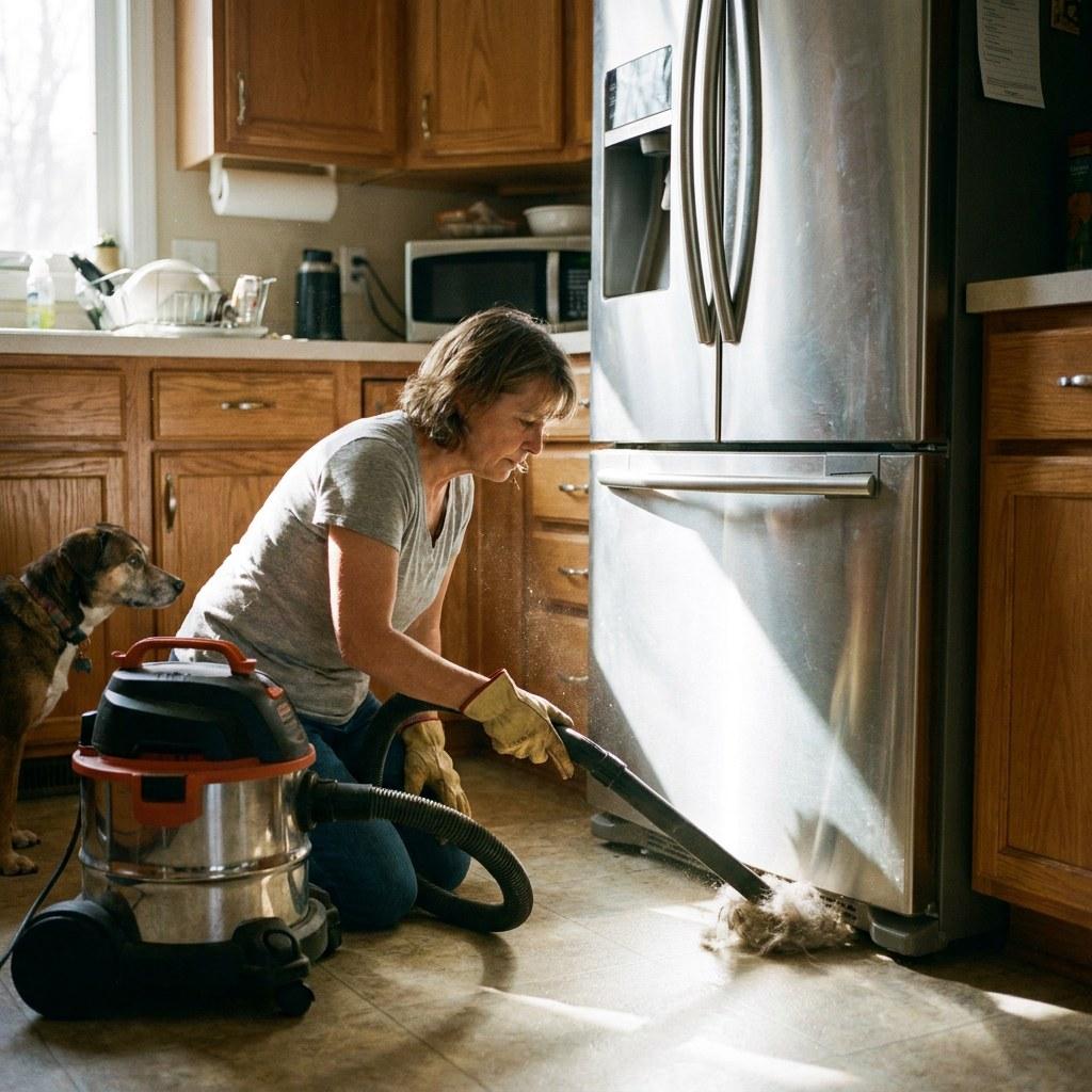 A person vacuuming dust and pet hair from refrigerator coils near the floor