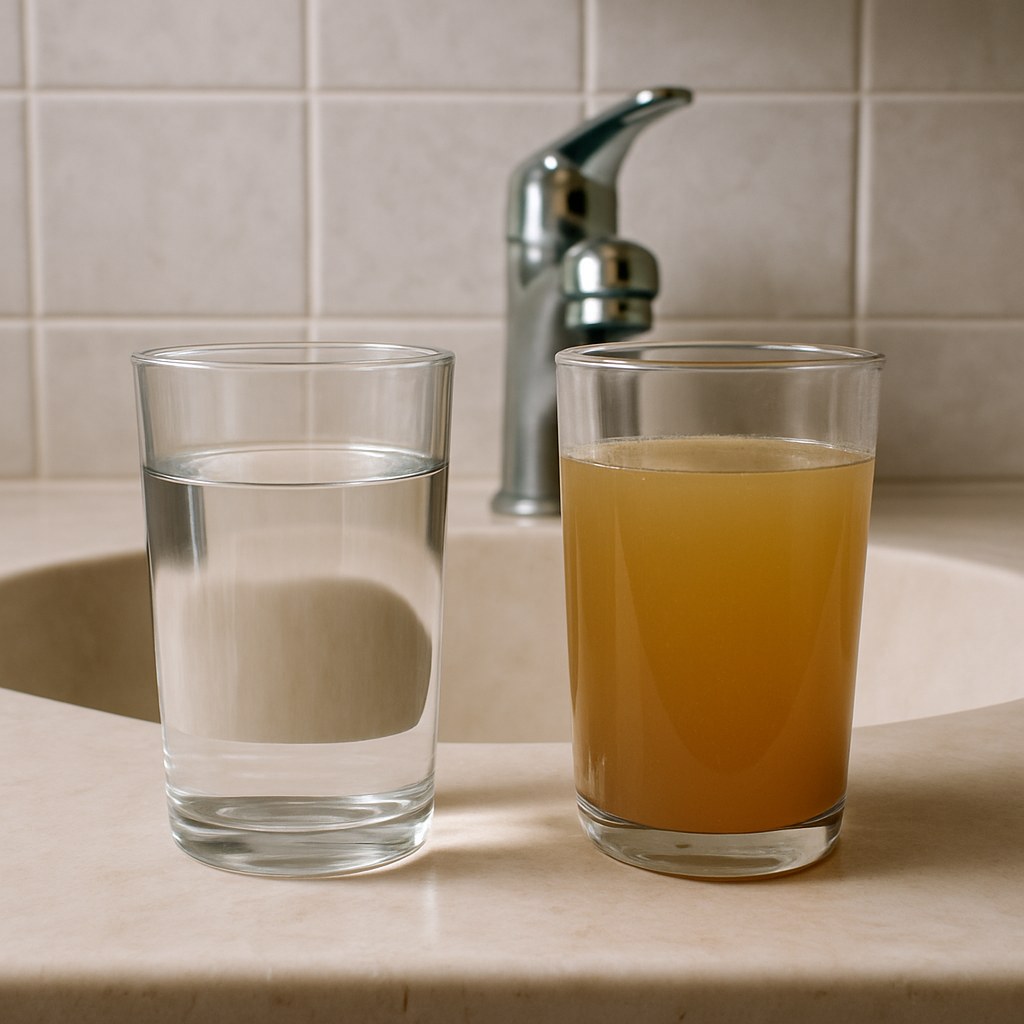 A glass of clear cold water next to a glass of discolored hot water