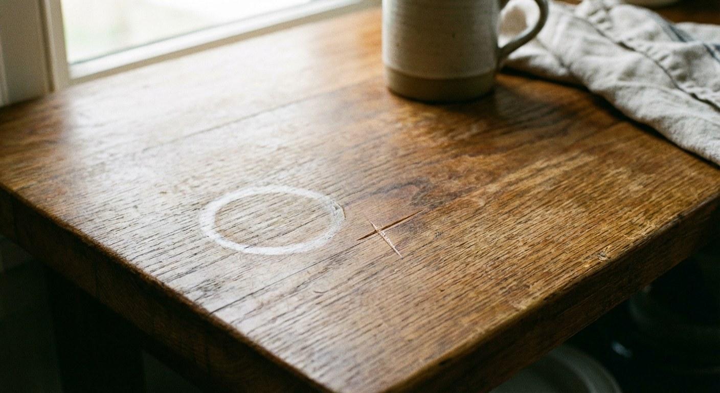 A wood countertop surface showing minor wear and tear