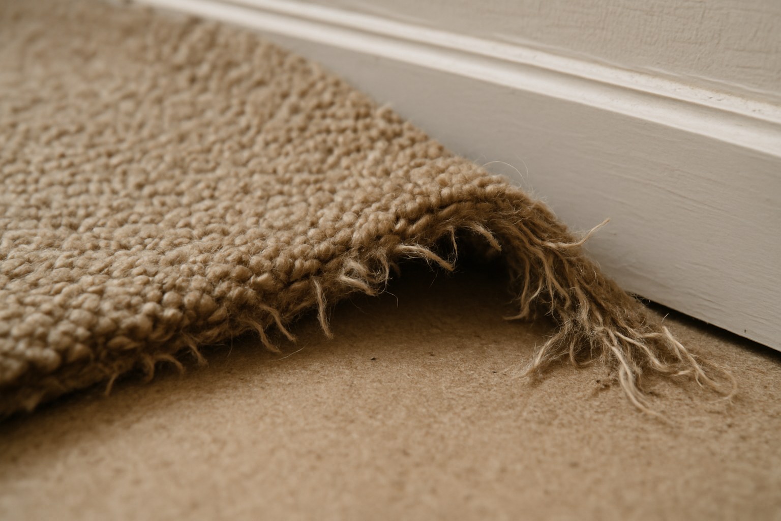 A loose carpet edge lifting away from the wall