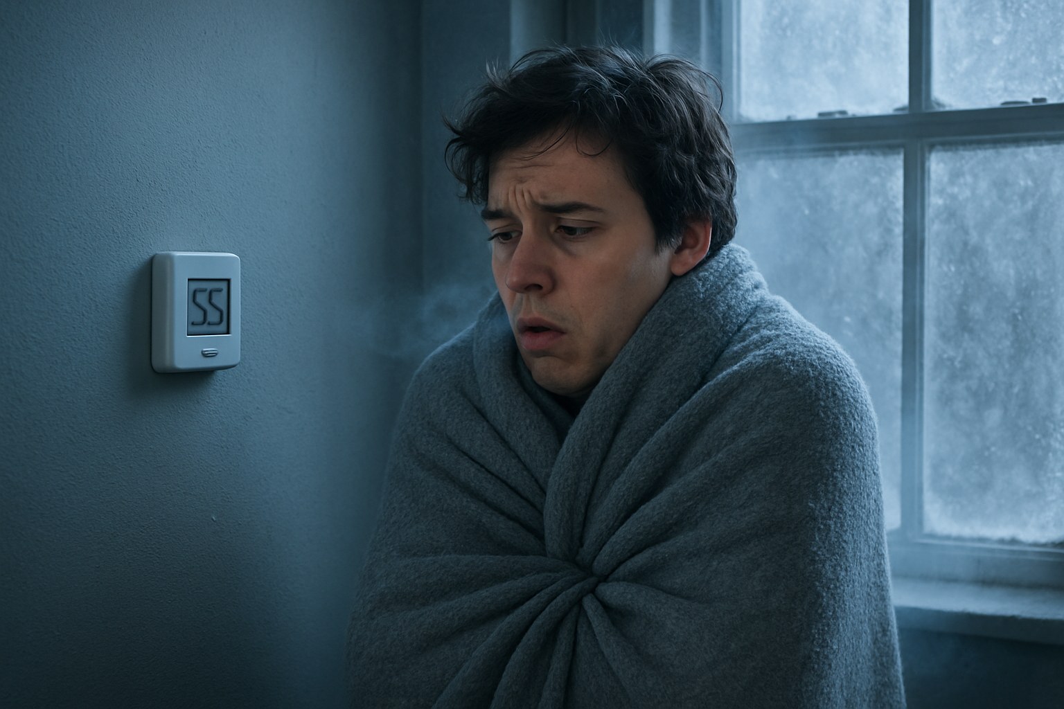 A person wrapped in a blanket looks frustrated at a blank thermostat display in a cold room.