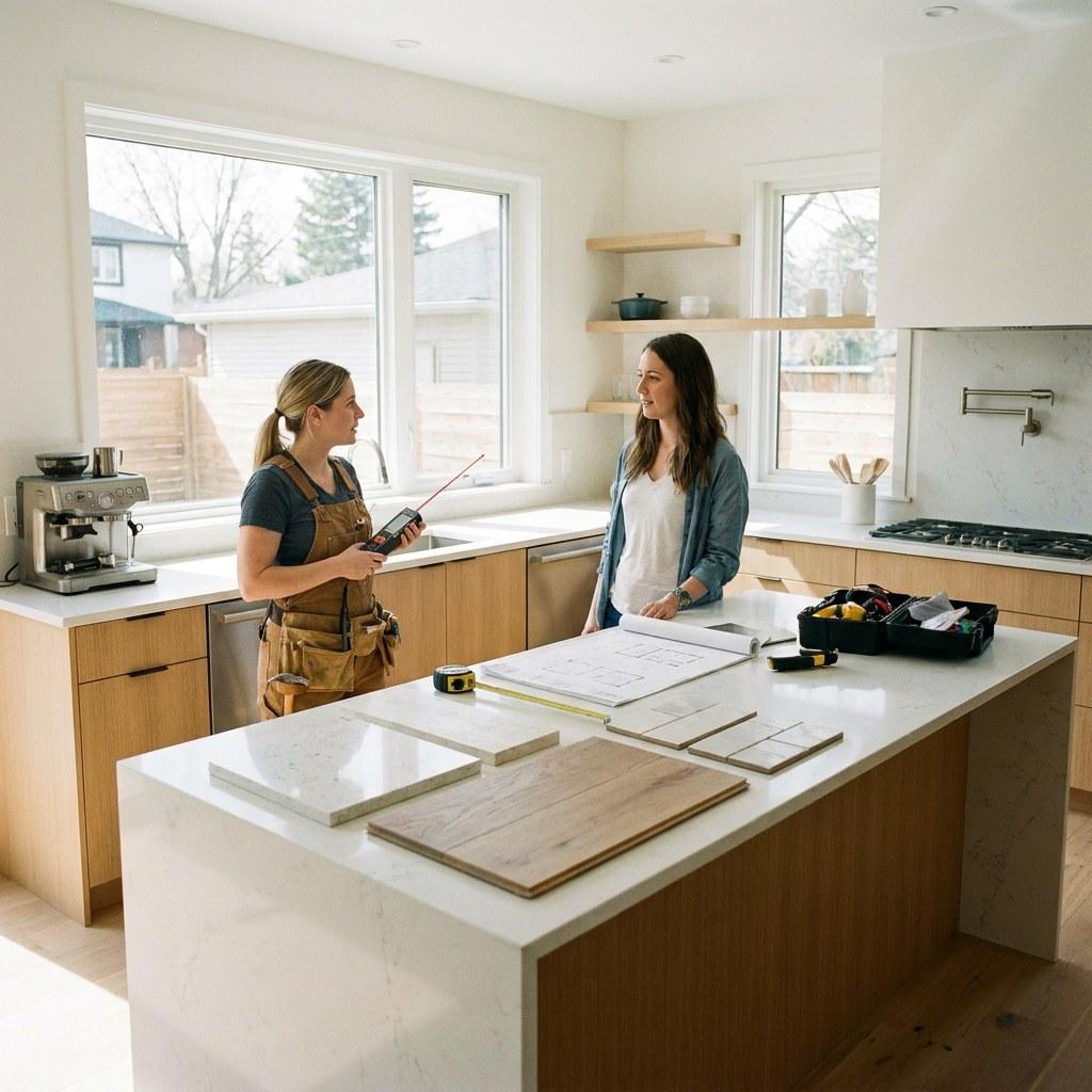 A contractor measuring a kitchen counter with tile samples laid out for a renovation