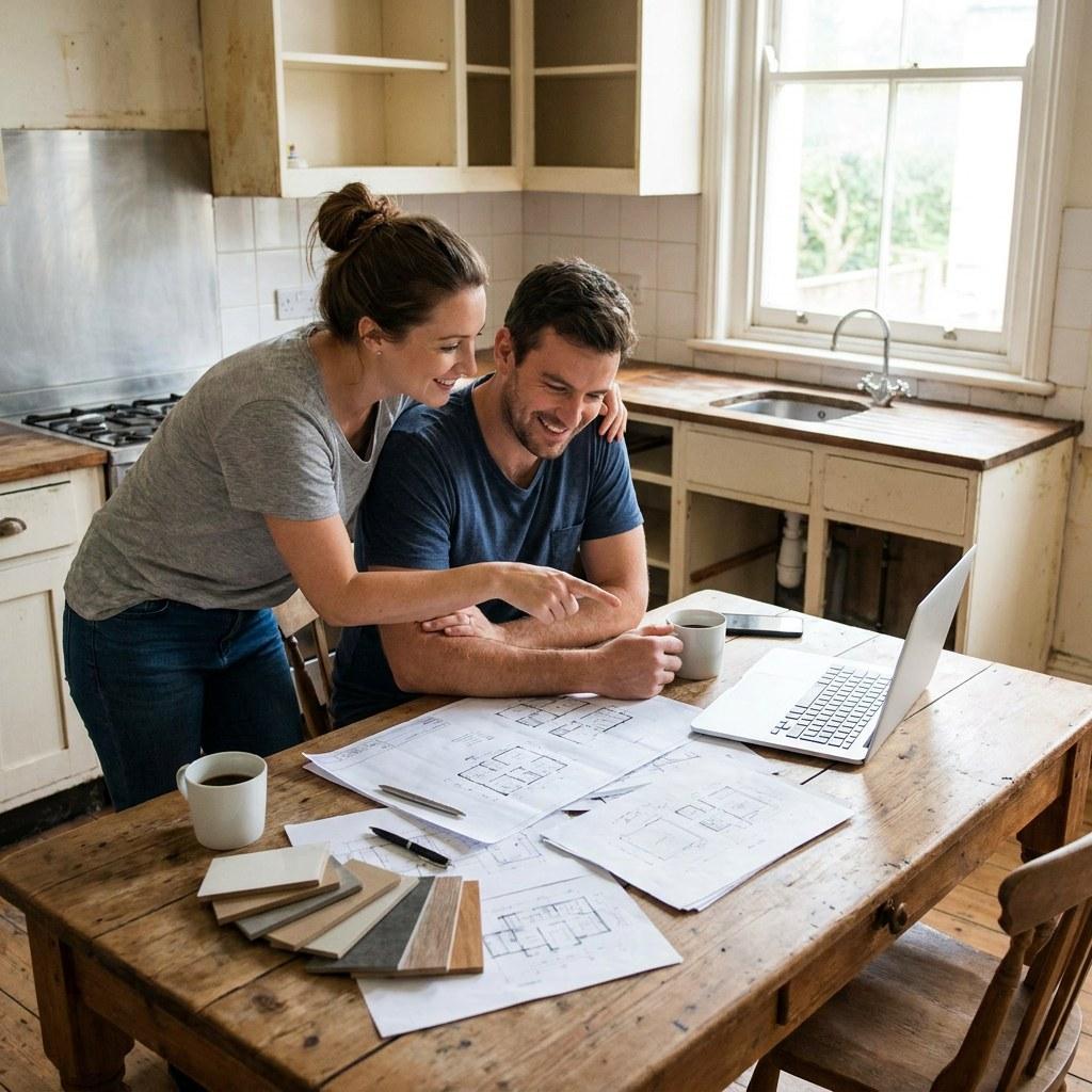A couple sitting at a kitchen table looking at a laptop and budgeting for a home renovation