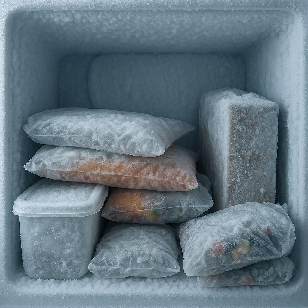 Interior of a freezer showing heavy frost and ice buildup