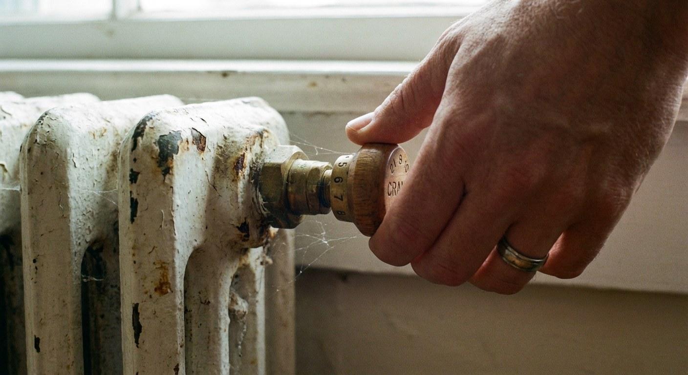 A person adjusting the valve on a white cast iron radiator in a home.