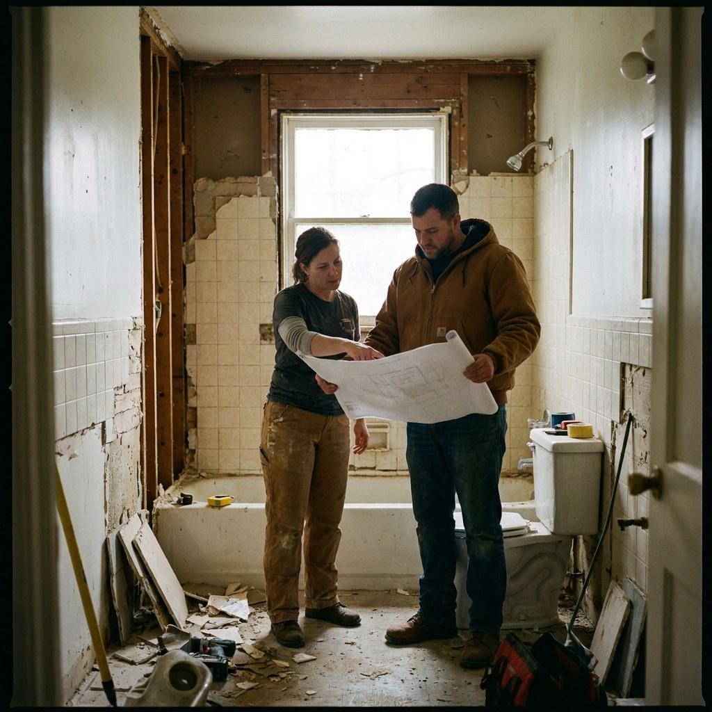 A homeowner looking at renovation plans with a contractor in a bathroom space.