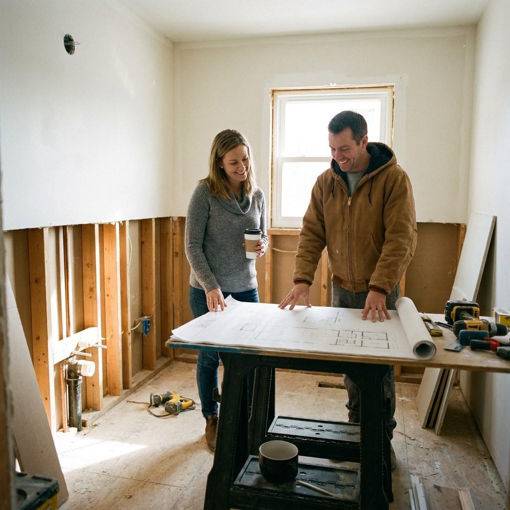 A homeowner and a general contractor discussing blueprints during a home renovation