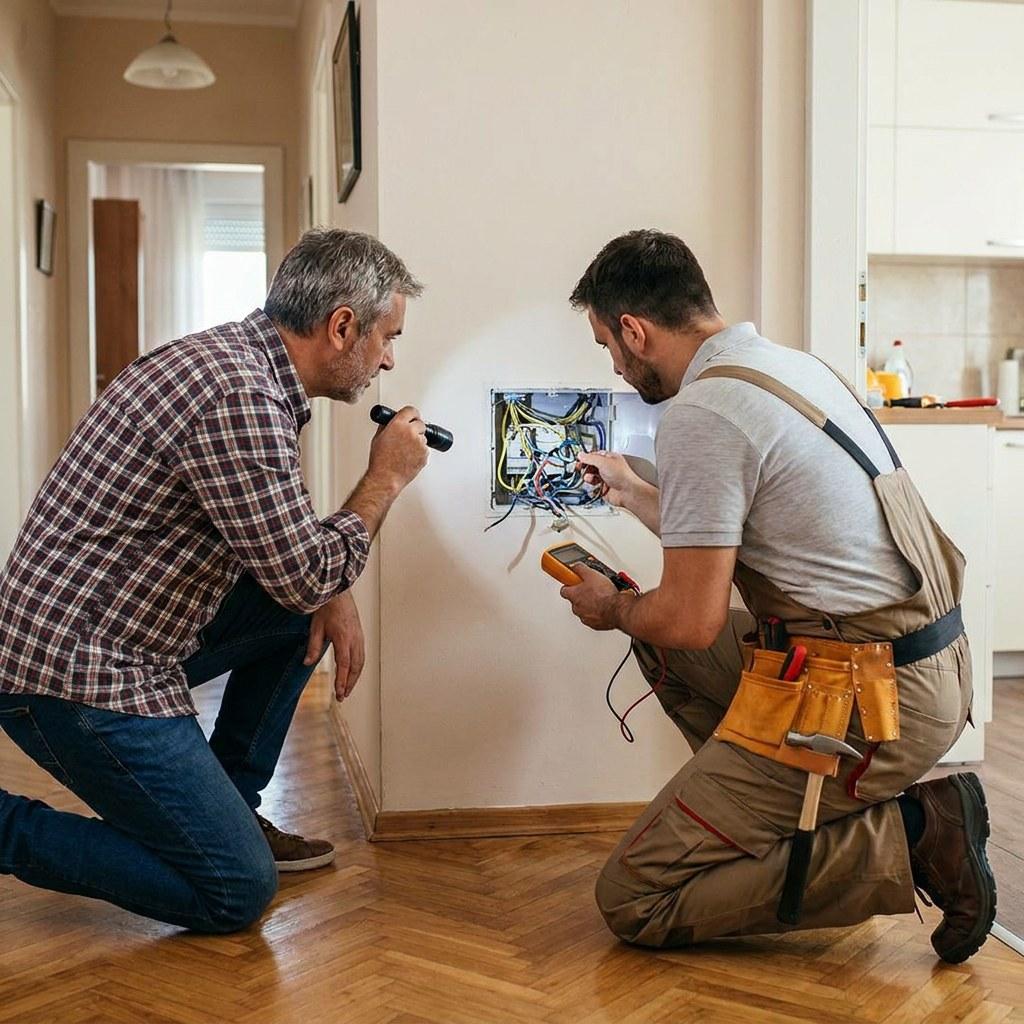 Homeowner and electrician discussing wiring behind a wall switch during a smart home upgrade
