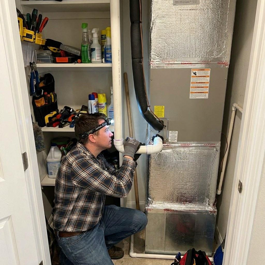A homeowner inspecting an air conditioning condensate drain pipe