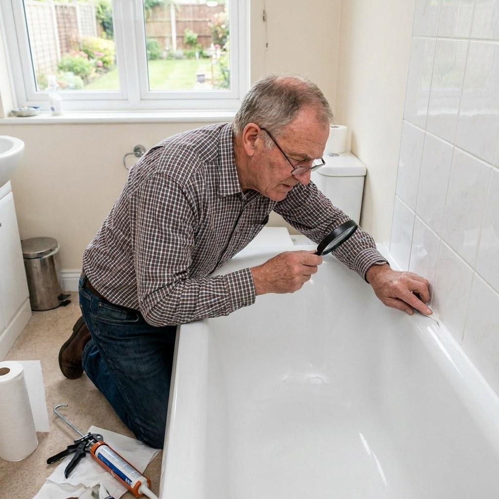 A homeowner inspecting the silicone seal along the edge of a bathtub