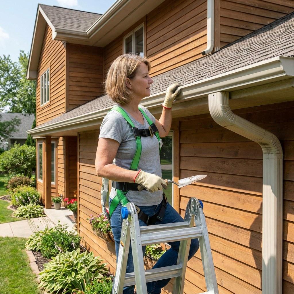 A clean residential gutter and downspout directing water away from a home foundation