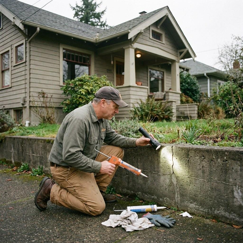 A homeowner checking exterior brickwork and foundation vents for small gaps