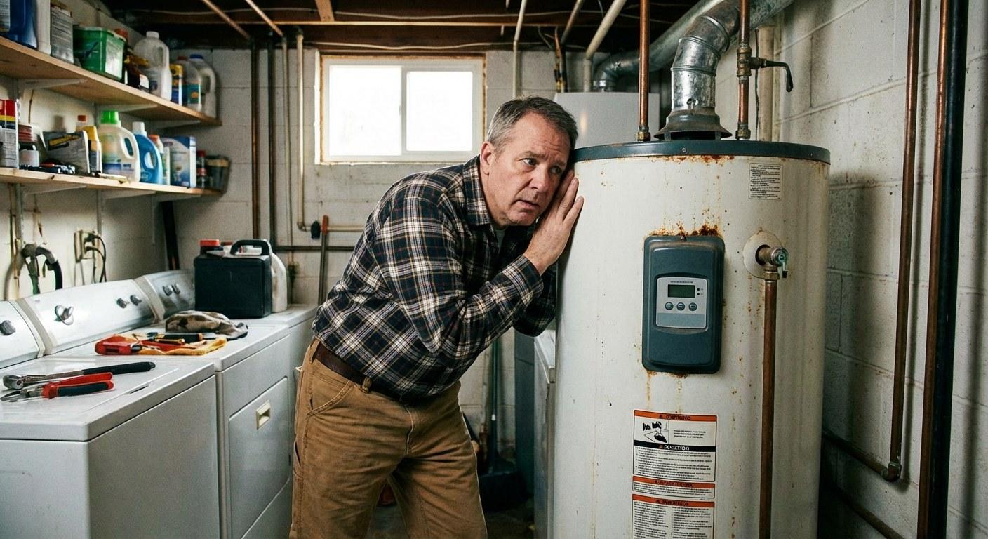 Homeowner inspecting a noisy water heater tank