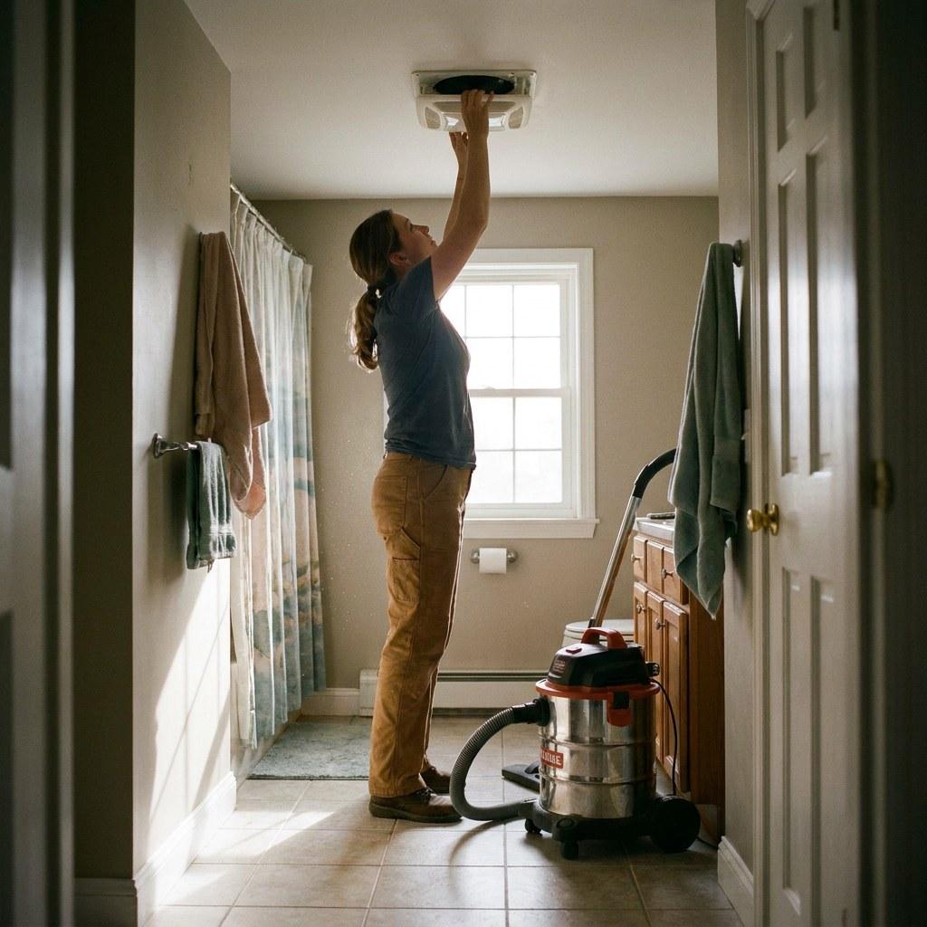 A person cleaning dust and lint from a ceiling mounted bathroom exhaust fan