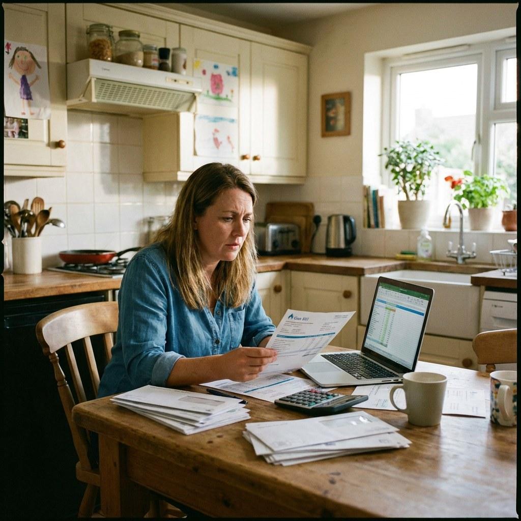 A homeowner reviewing energy bills and tracking home expenses at a kitchen table