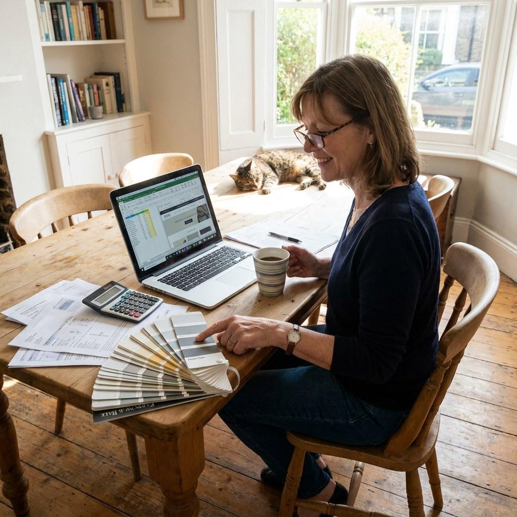 A homeowner reviewing budget numbers and project plans at a dining table