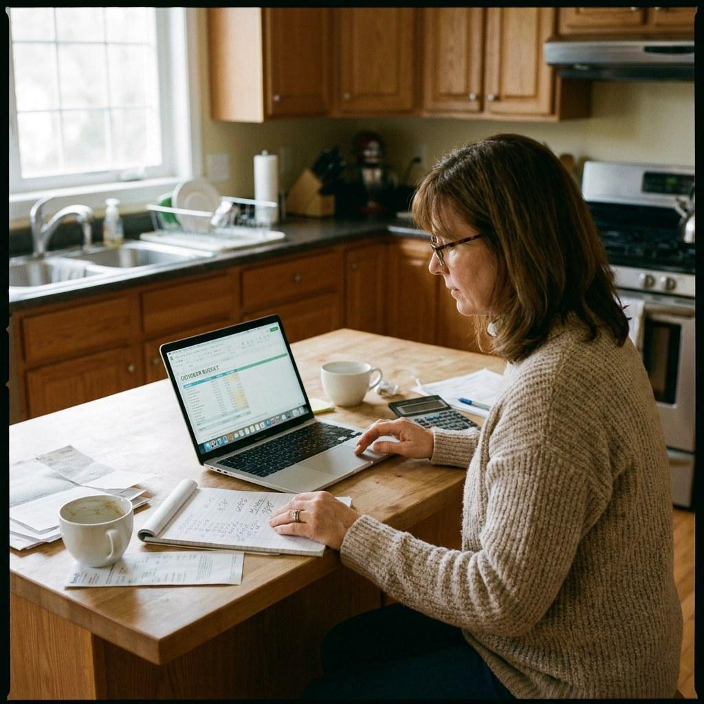 Homeowner reviewing a budget on a laptop at a kitchen island