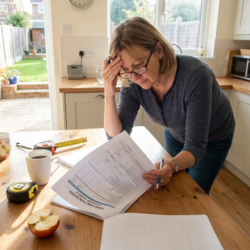 A homeowner reviewing a detailed project invoice and contractor agreement at a kitchen table