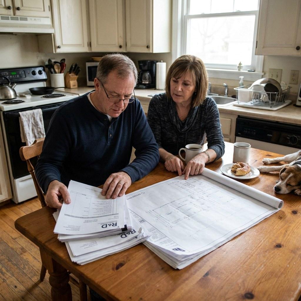 A homeowner reviewing a contractor cost estimate and project plans at a kitchen table
