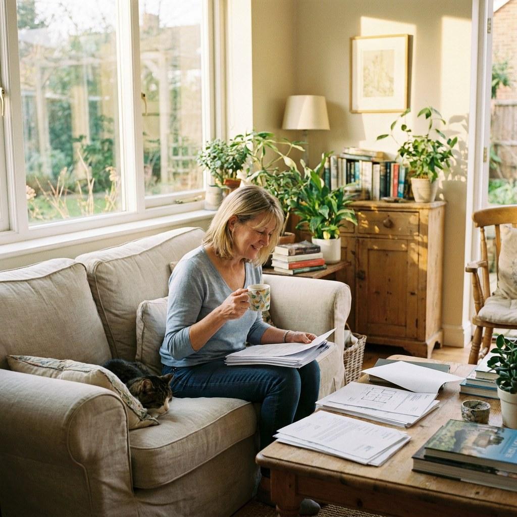 A homeowner reviewing home plans in a quiet living room