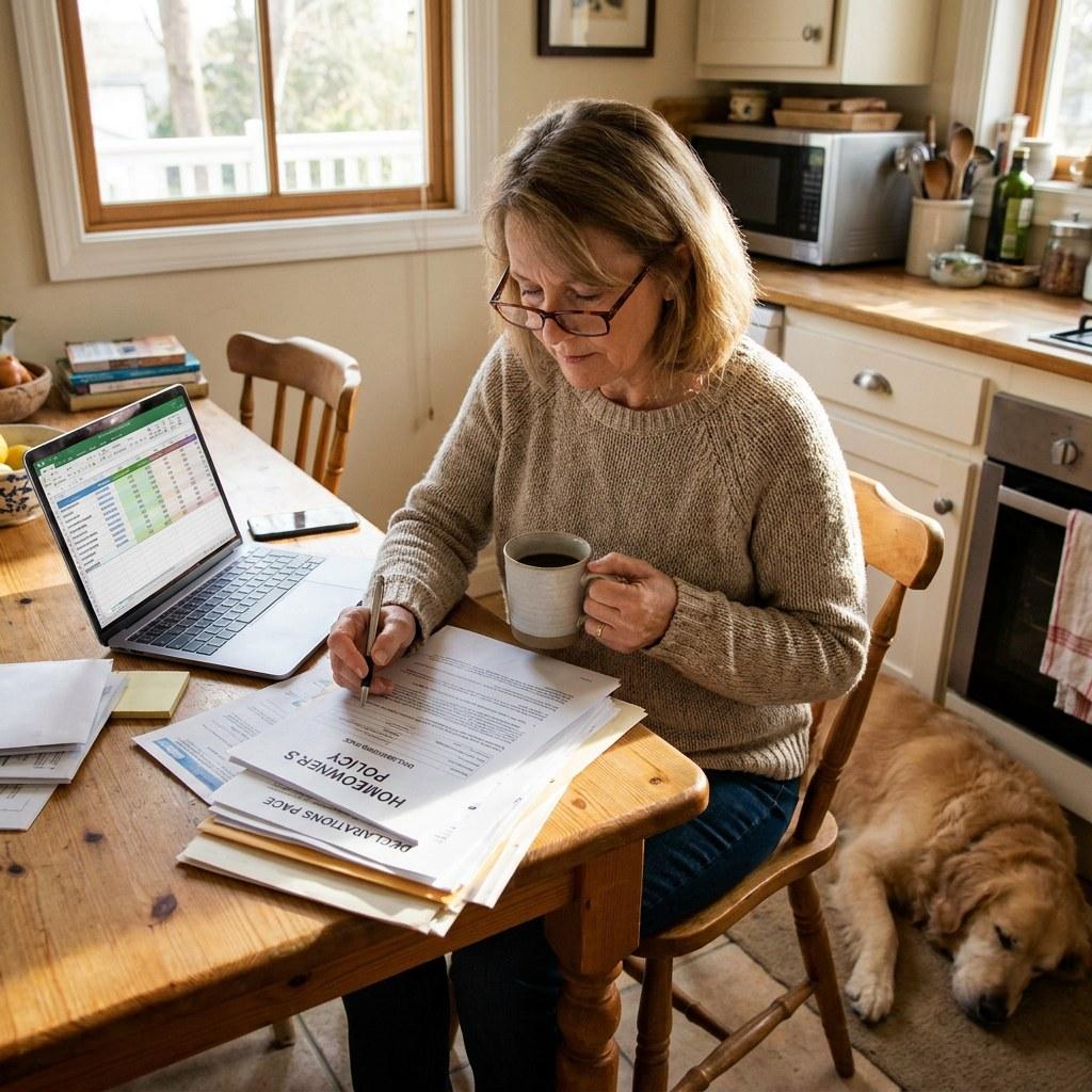 Homeowner reviewing insurance paperwork and cost estimates at a desk