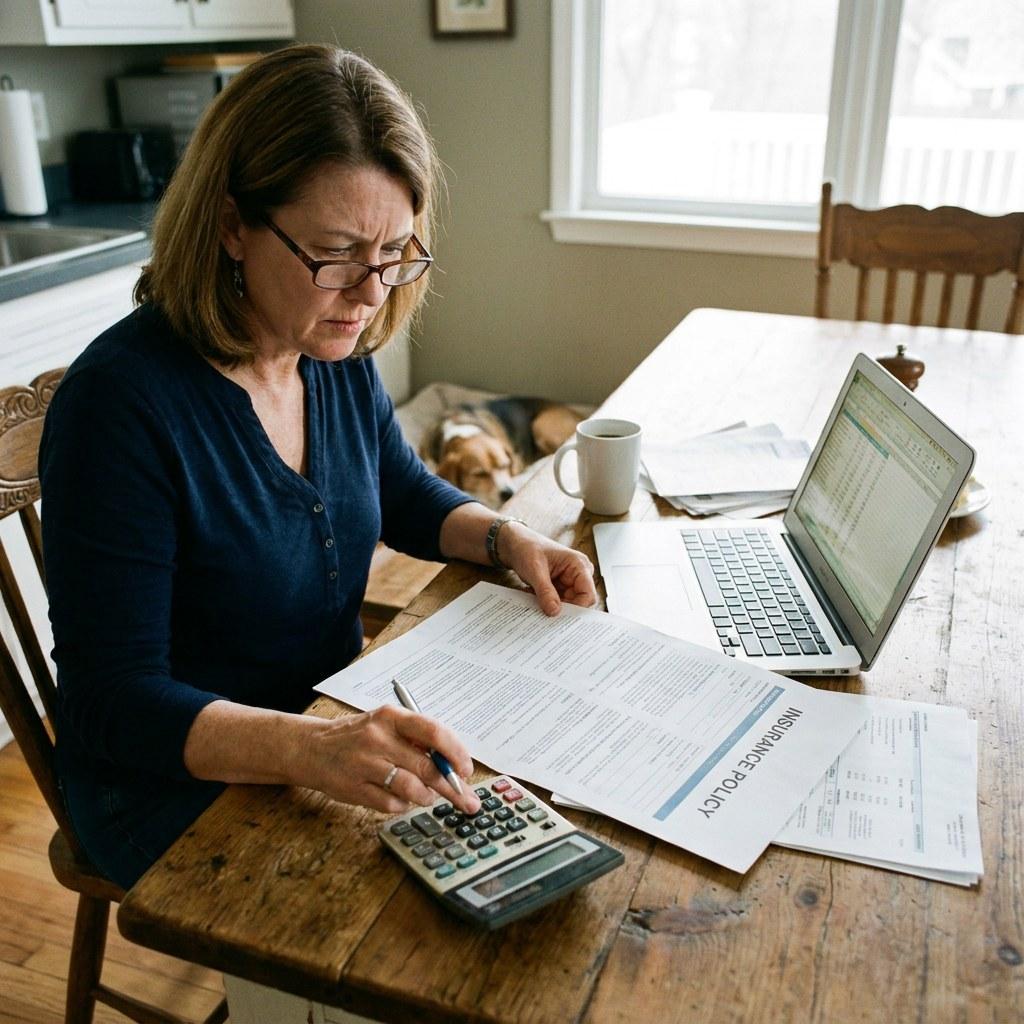 A homeowner reviewing home insurance policy documents and calculating deductibles at a kitchen table