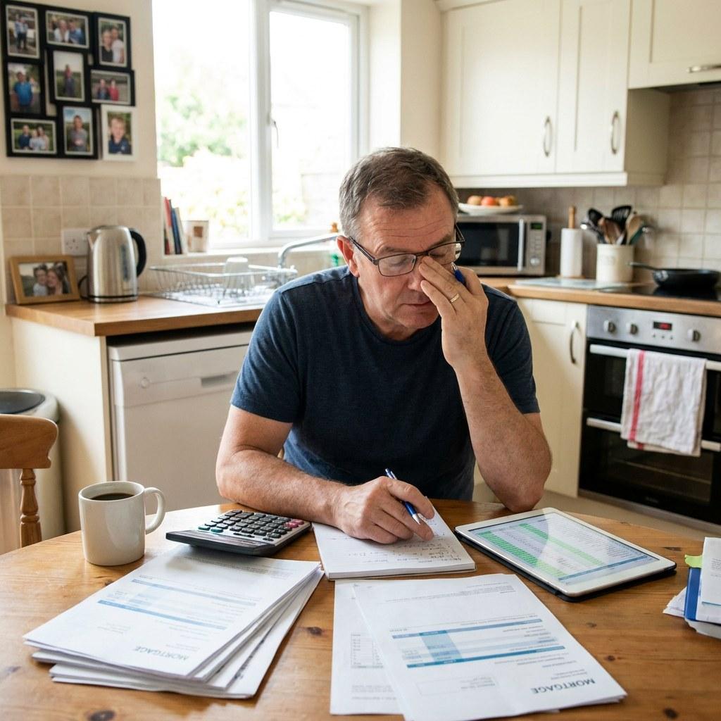 A person reviewing financial documents and a calculator at a kitchen table
