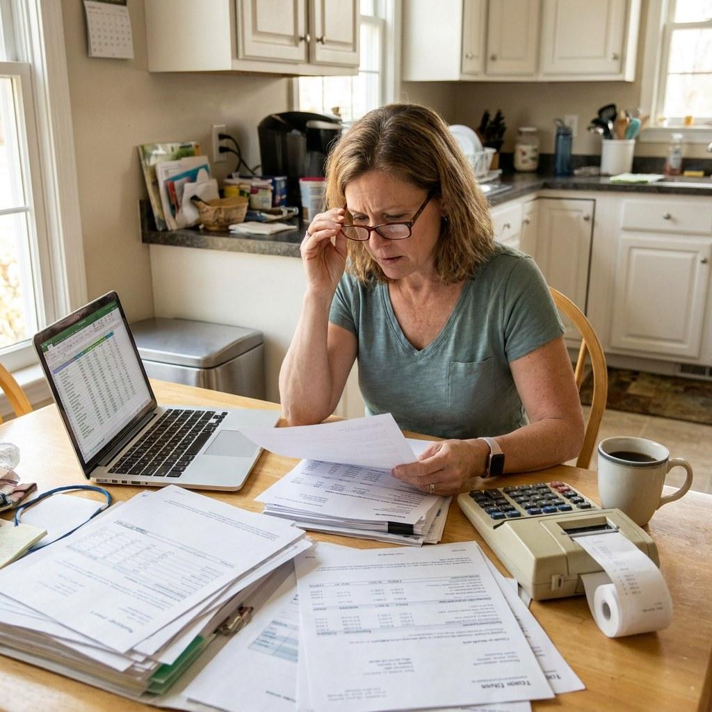A homeowner reviewing mortgage paperwork and monthly payment details at a kitchen table