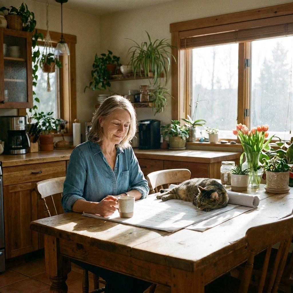 A homeowner sitting calmly at a kitchen table reviewing a notebook and tablet