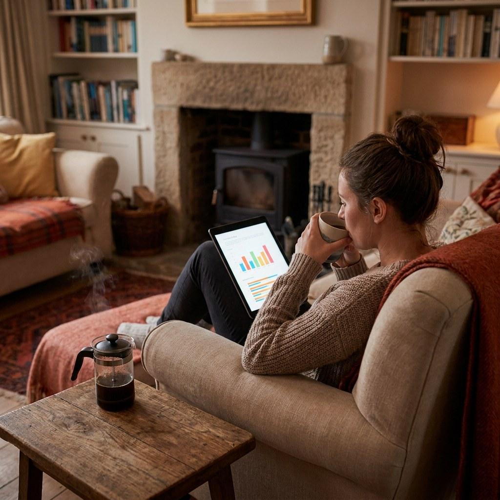 A homeowner comfortably reviewing their home plans in a quiet living room
