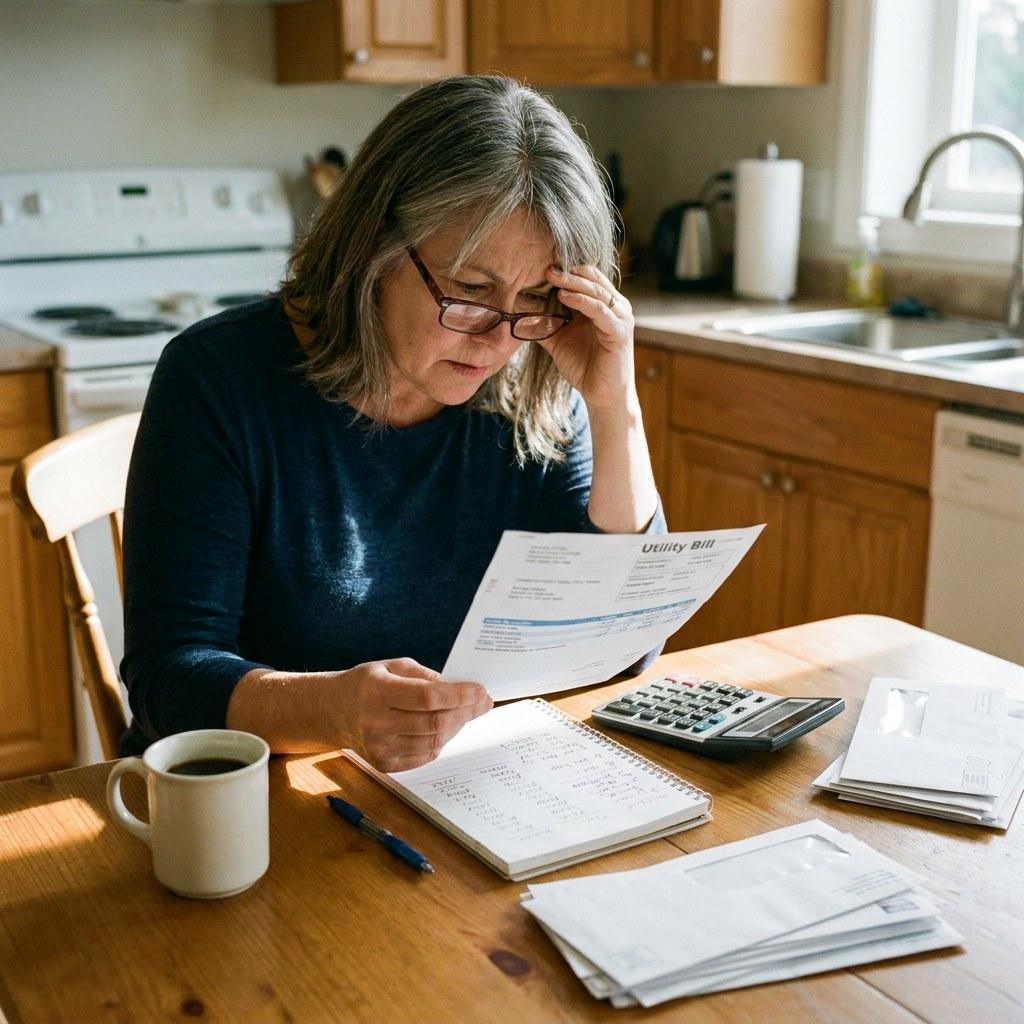 Homeowner sitting at a kitchen table looking at a utility bill and a calculator