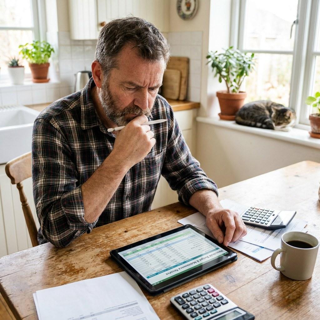 A homeowner reviewing home maintenance reserve savings on a tablet at a clean kitchen counter