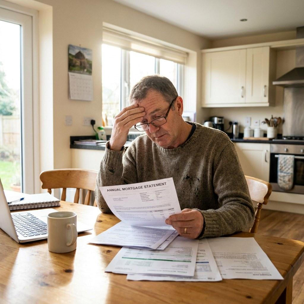 Homeowner calmly reviewing annual escrow statement at a kitchen table