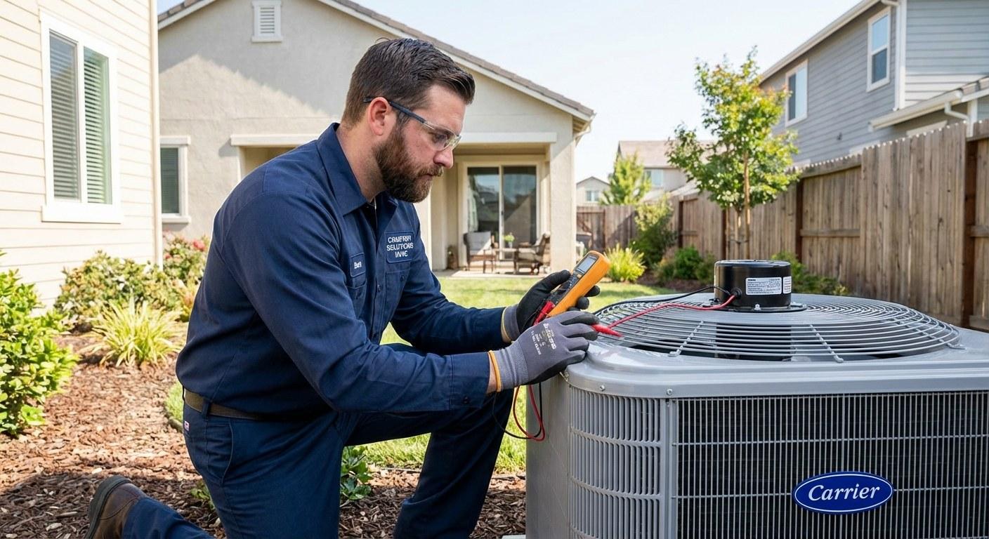An HVAC technician kneels to inspect an outdoor air conditioning condenser.