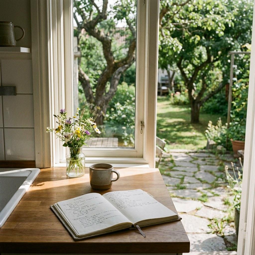A calm view of an organized kitchen counter looking out into a tidy backyard
