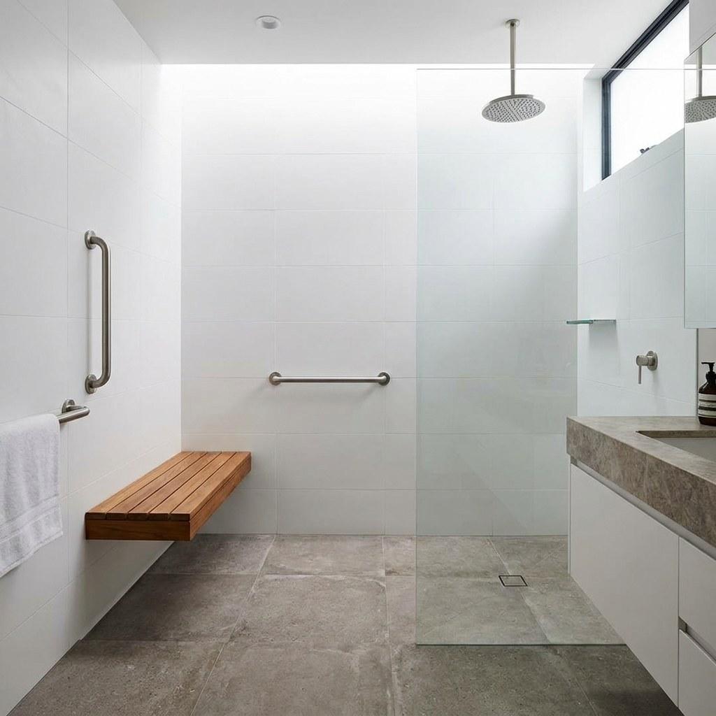 A newly renovated accessible bathroom with a curbless shower and safety features