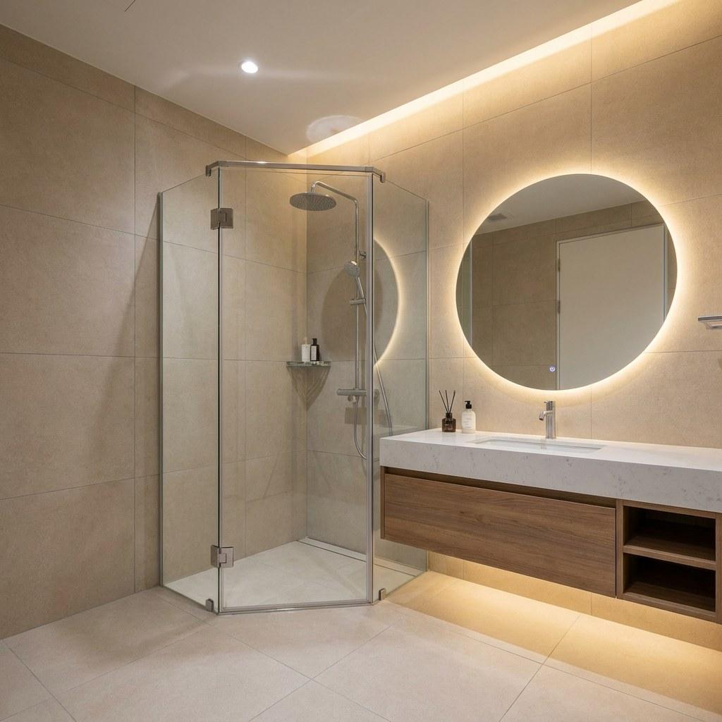 A newly remodeled bathroom featuring a double vanity and glass shower enclosure
