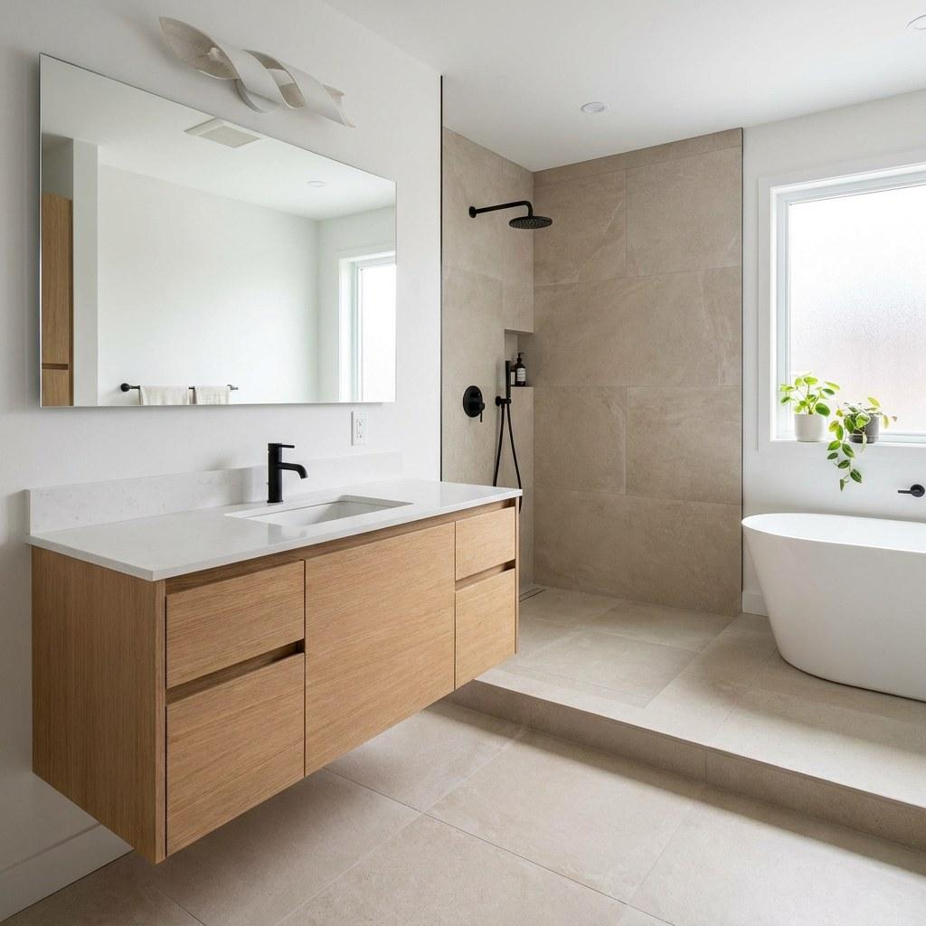 A completed bathroom remodel featuring a new vanity and clean tilework