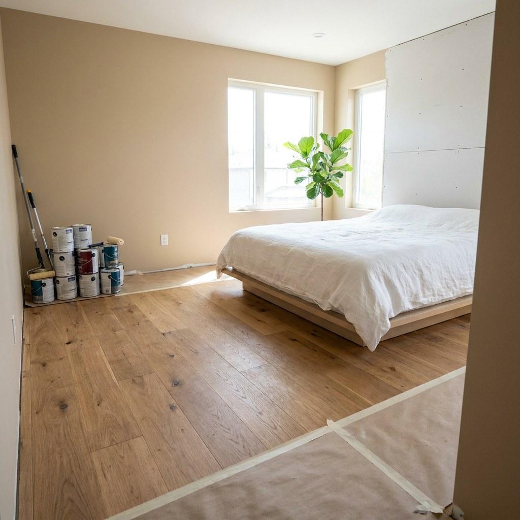 A primary bedroom undergoing renovation with fresh paint and new wood flooring installed