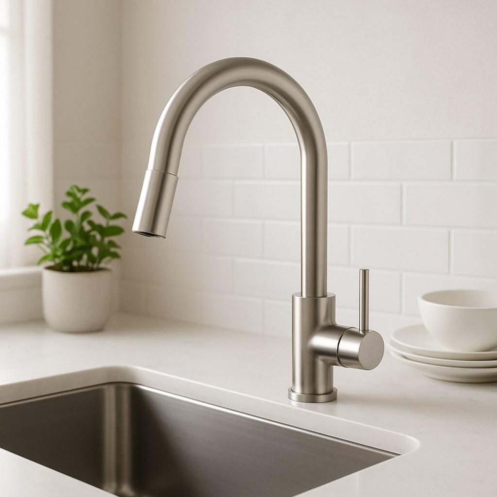 A newly installed chrome sink faucet on a white countertop