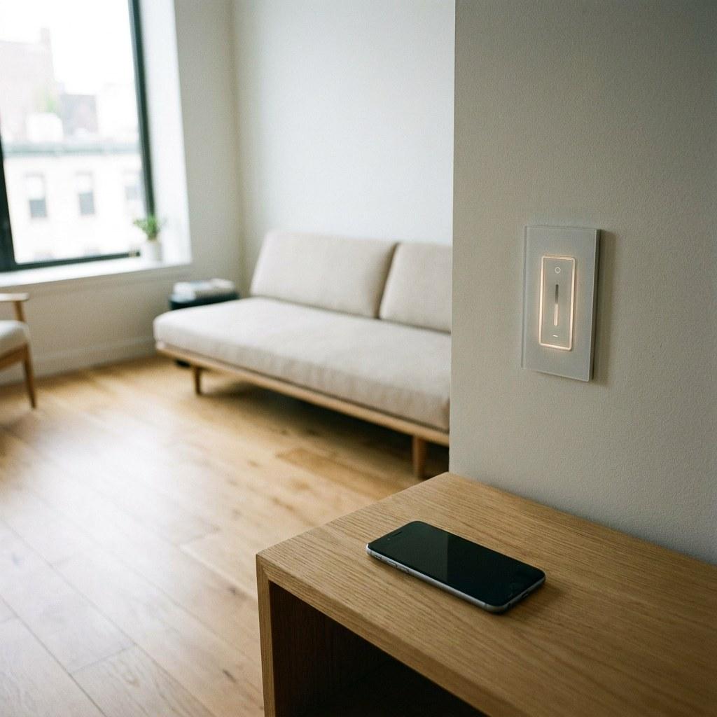 A smartphone displaying a home automation app resting near a modern smart light switch.