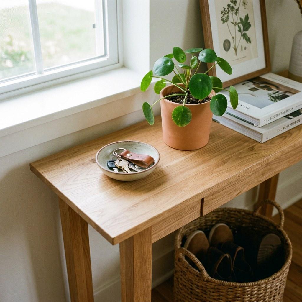 A clean and organized entryway table with keys and a small plant