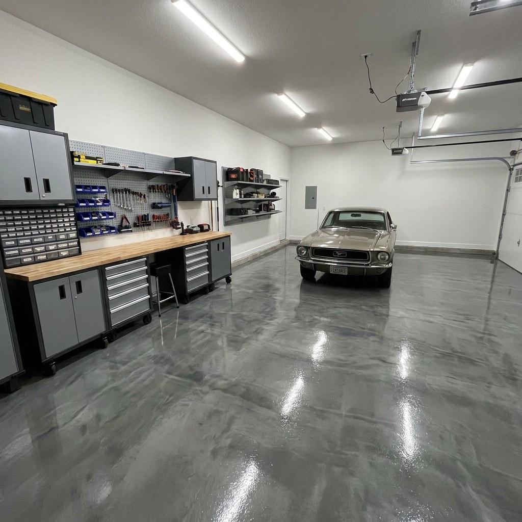 A well organized garage workshop with built in storage and clean flooring