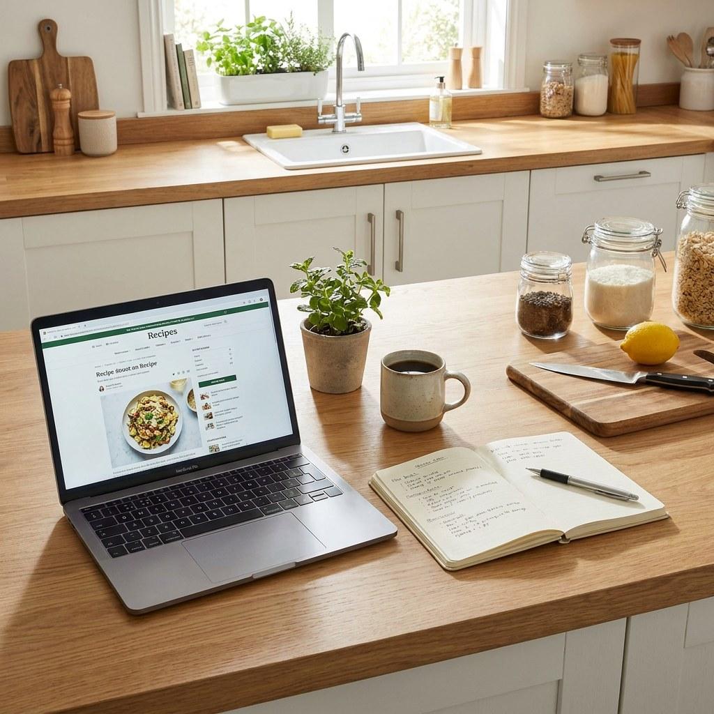 A neatly organized kitchen counter with a laptop and an open notebook