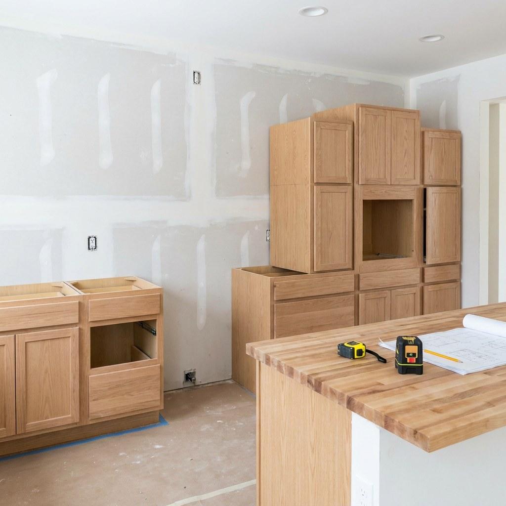 A residential kitchen mid-renovation with new cabinetry waiting to be installed