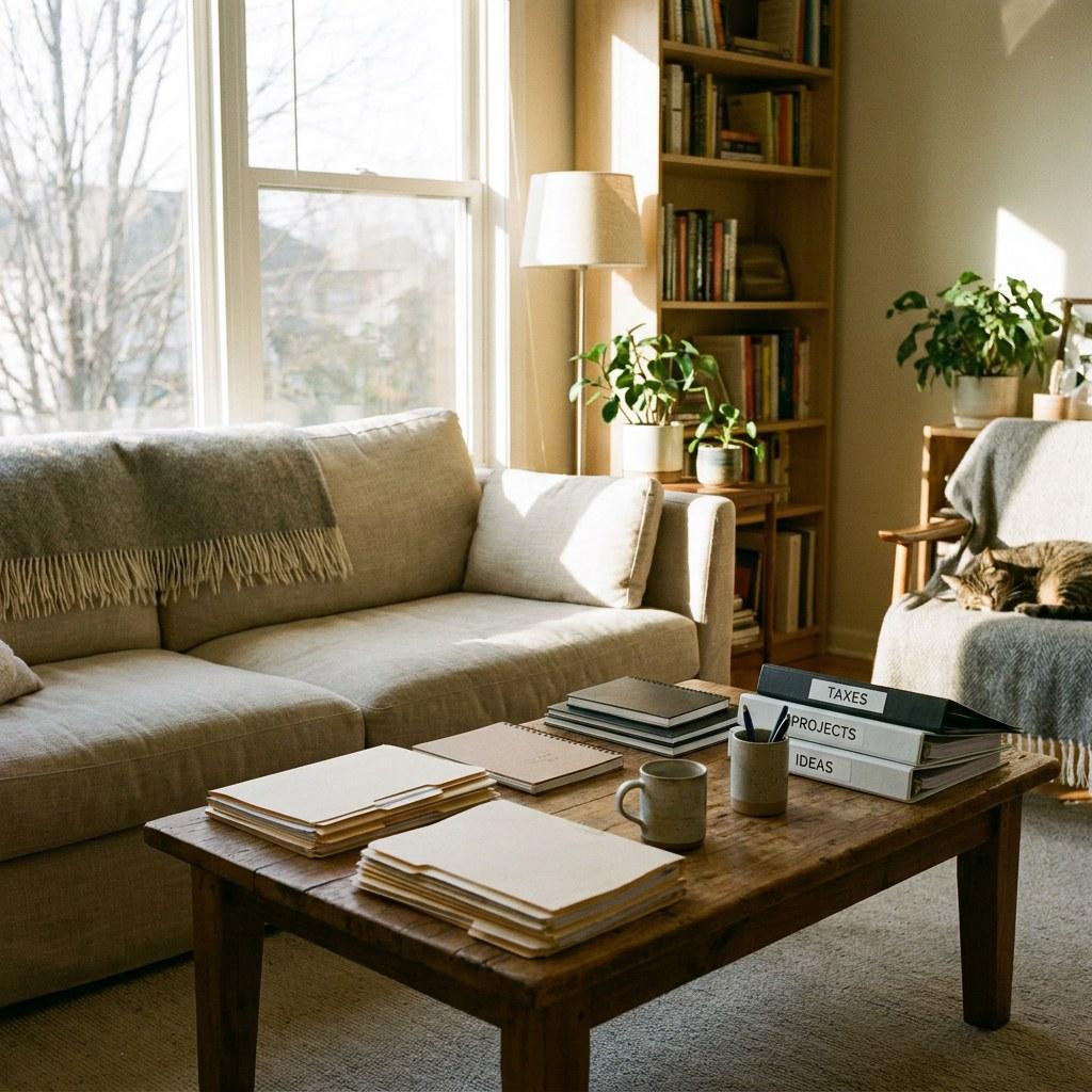 A calm, organized living space reflecting peaceful home management.